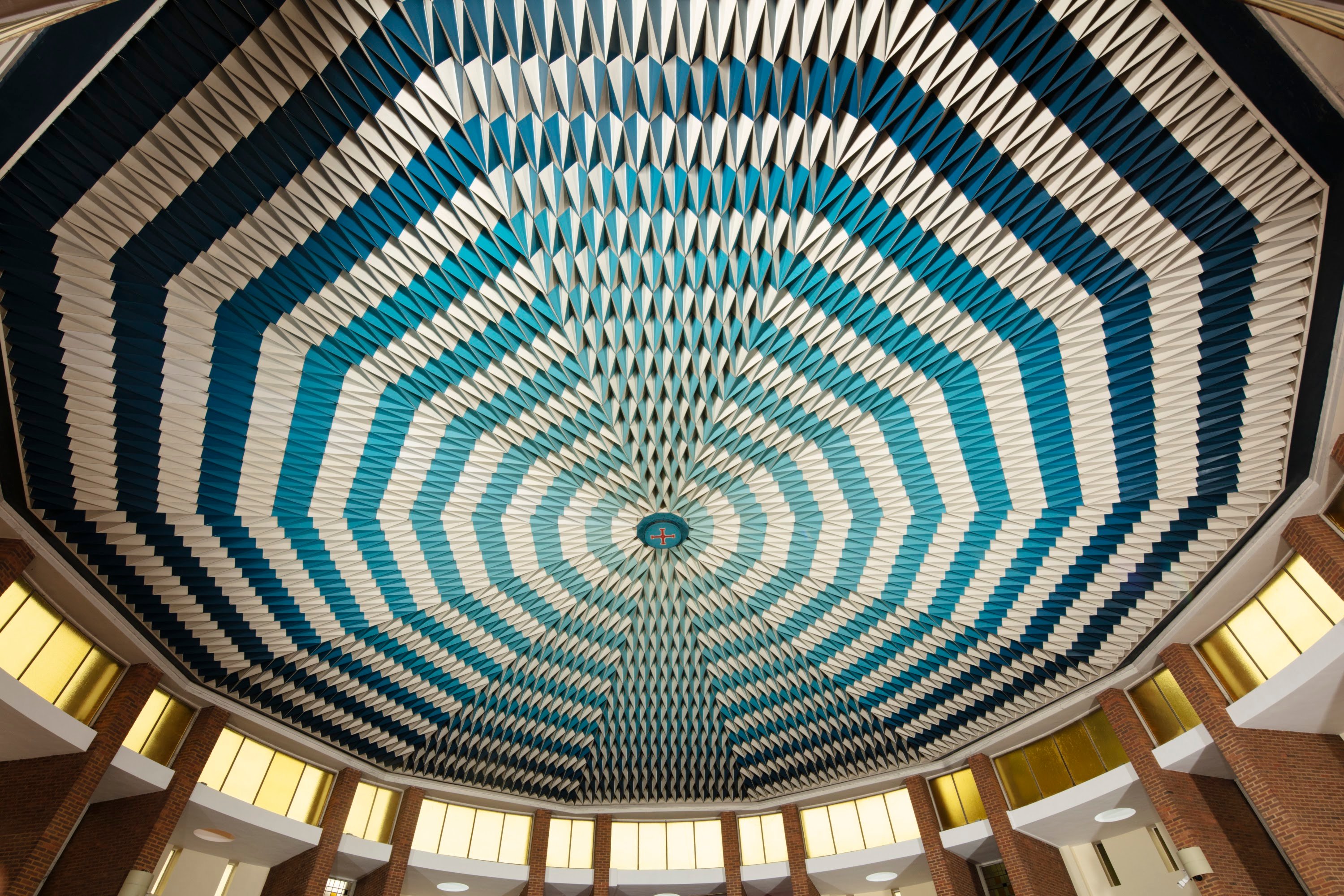 Tetrahedral blue and white ceiling