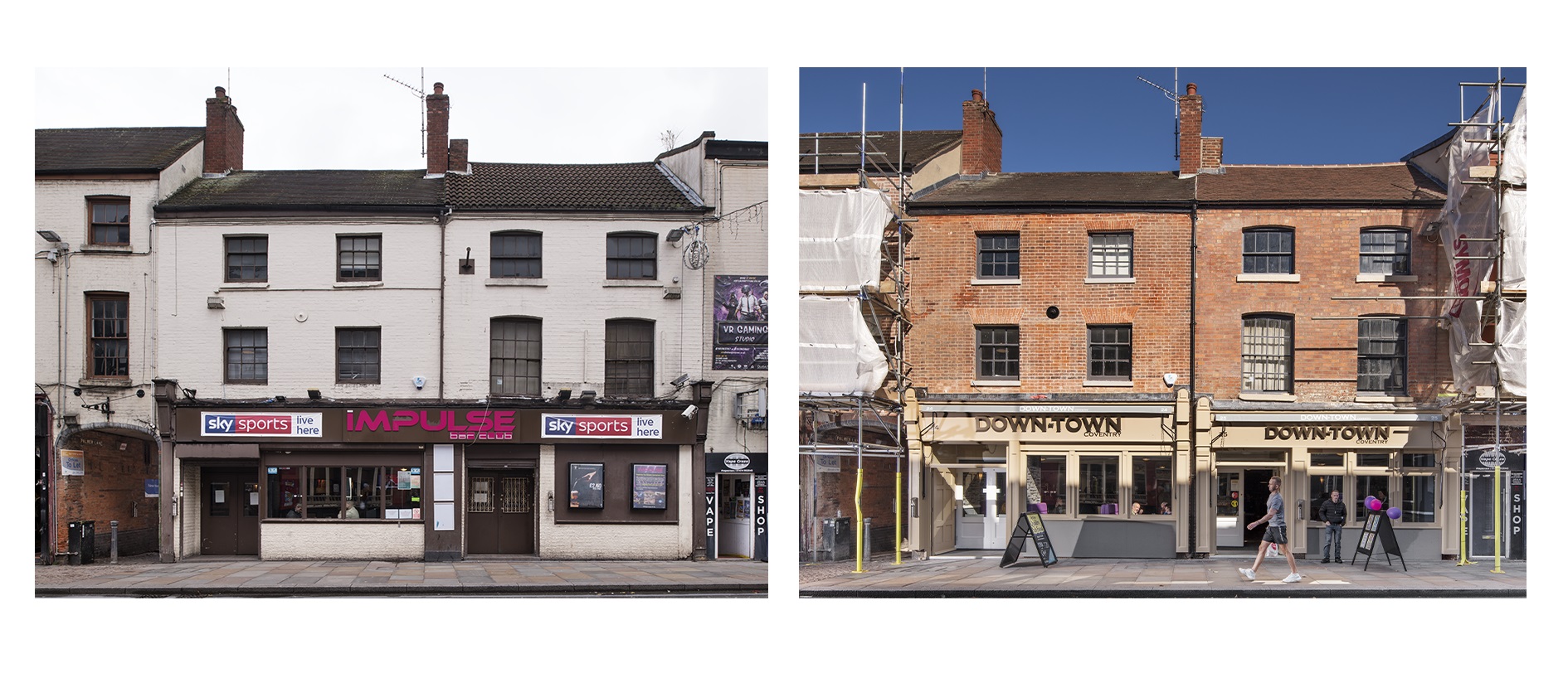 A high street building photographed before and after restoration. On the left, the building has white painted render and on the right, the render has been removed to reveal old brick.
