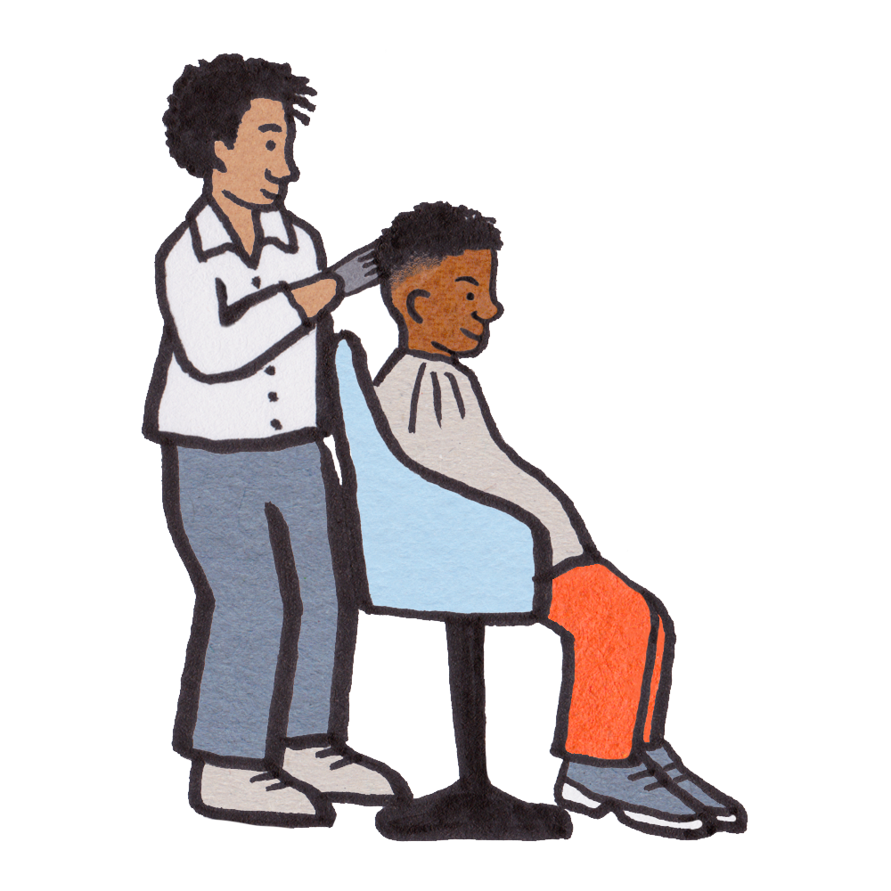 Illustration of a young man in barber chair with hair short on sides and longer on top, barber behind him combing hair.