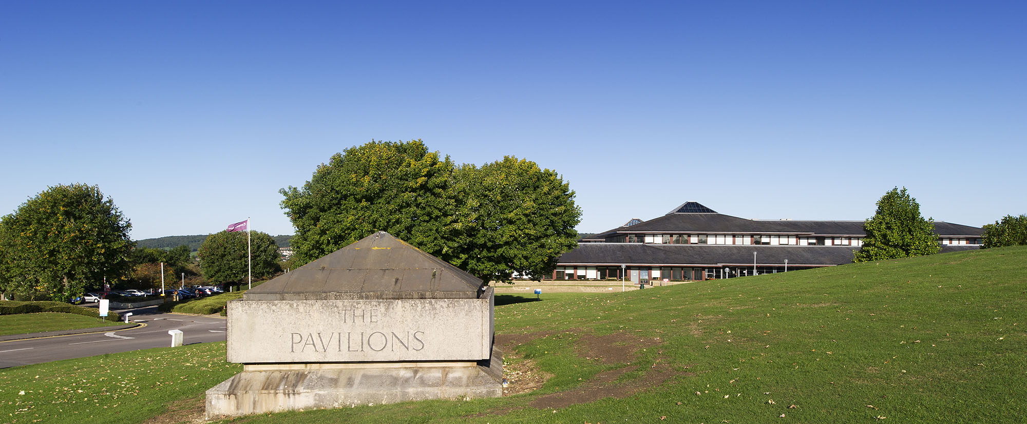 Landscape at the former CEGB Headquarters. Approach sign bearing the name 'The Pavilions' in the foreground.