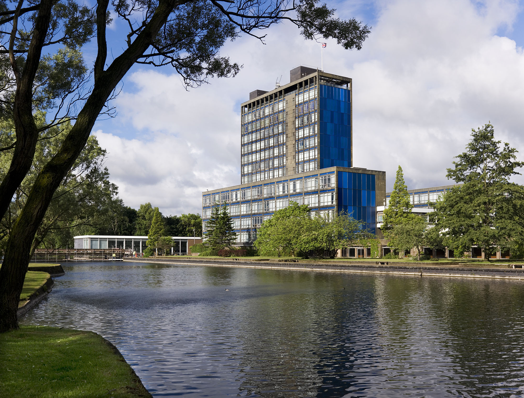 Pilkingtons Head Office building with lake in foreground, St Helen's.