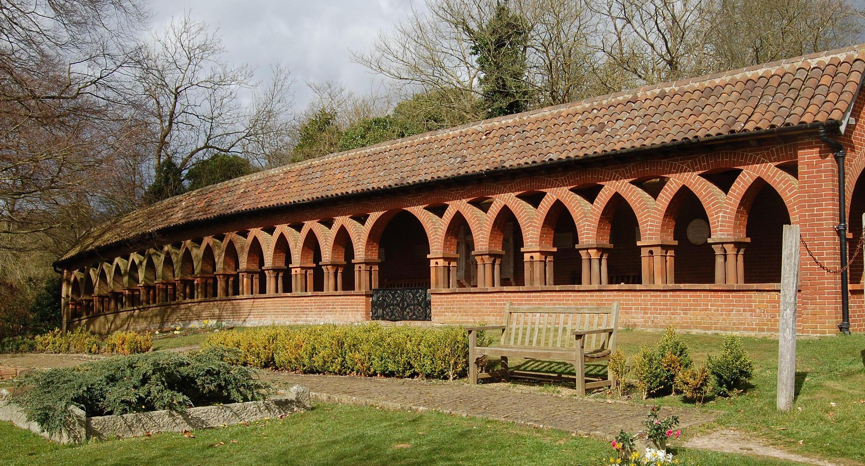The Watts Memorial Cloister, Compton, Surrey designed and built in 1911 by Mary Seton Watts in Italianate style. Listed Grade II.