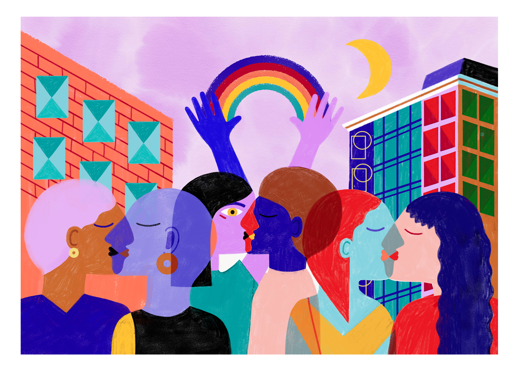 Artwork showing people kissing under a rainbow