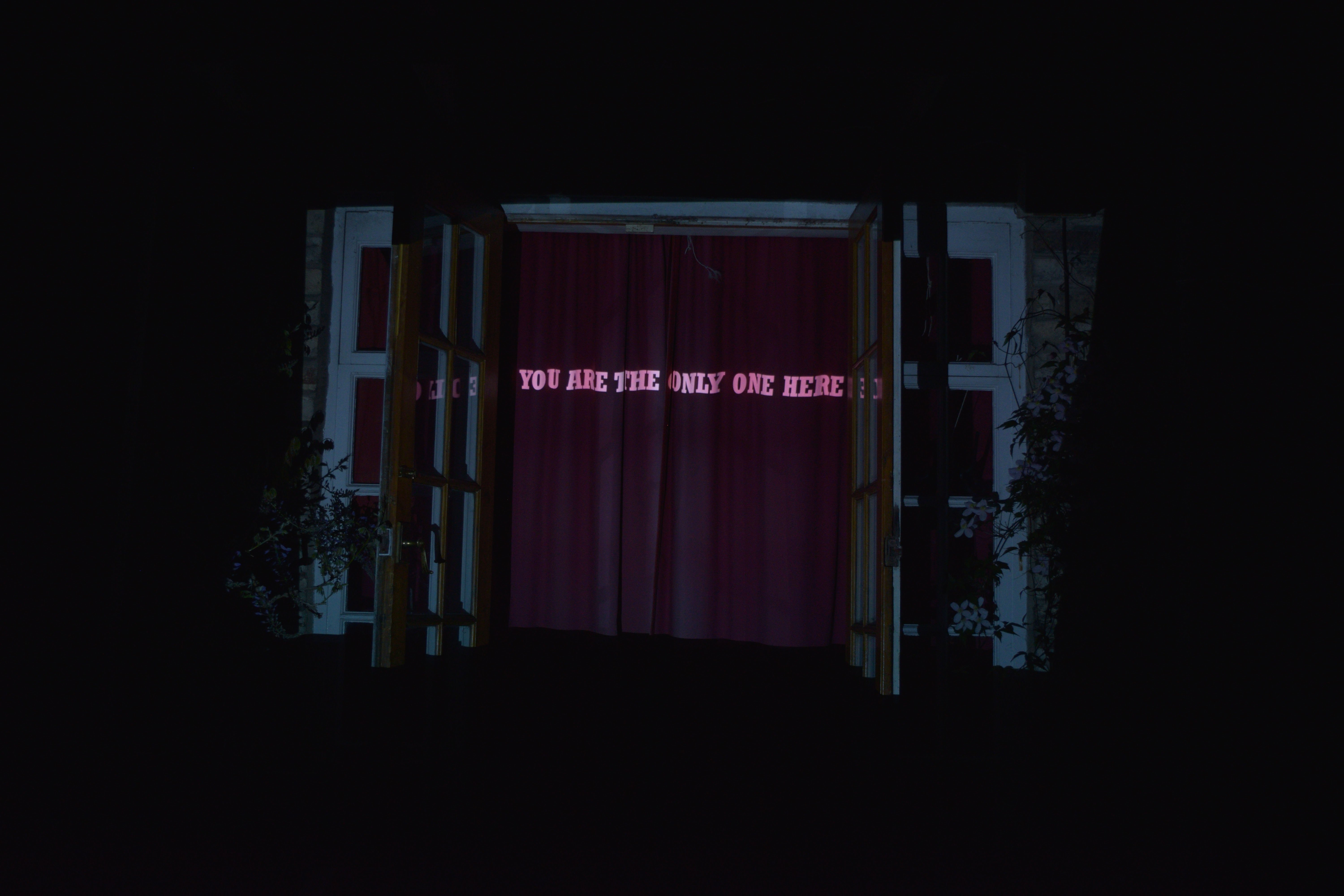 French Doors are open to the garden and the words You are the only one here are projected onto red curtains. These are from google hang outs before anyone joins a meeting. The scene is lit to suggest a filmic aesthetic. Beyond the illuminated area is pitch black, it is night. The open doors look as if the bottom half is submerged in a black pool of water.