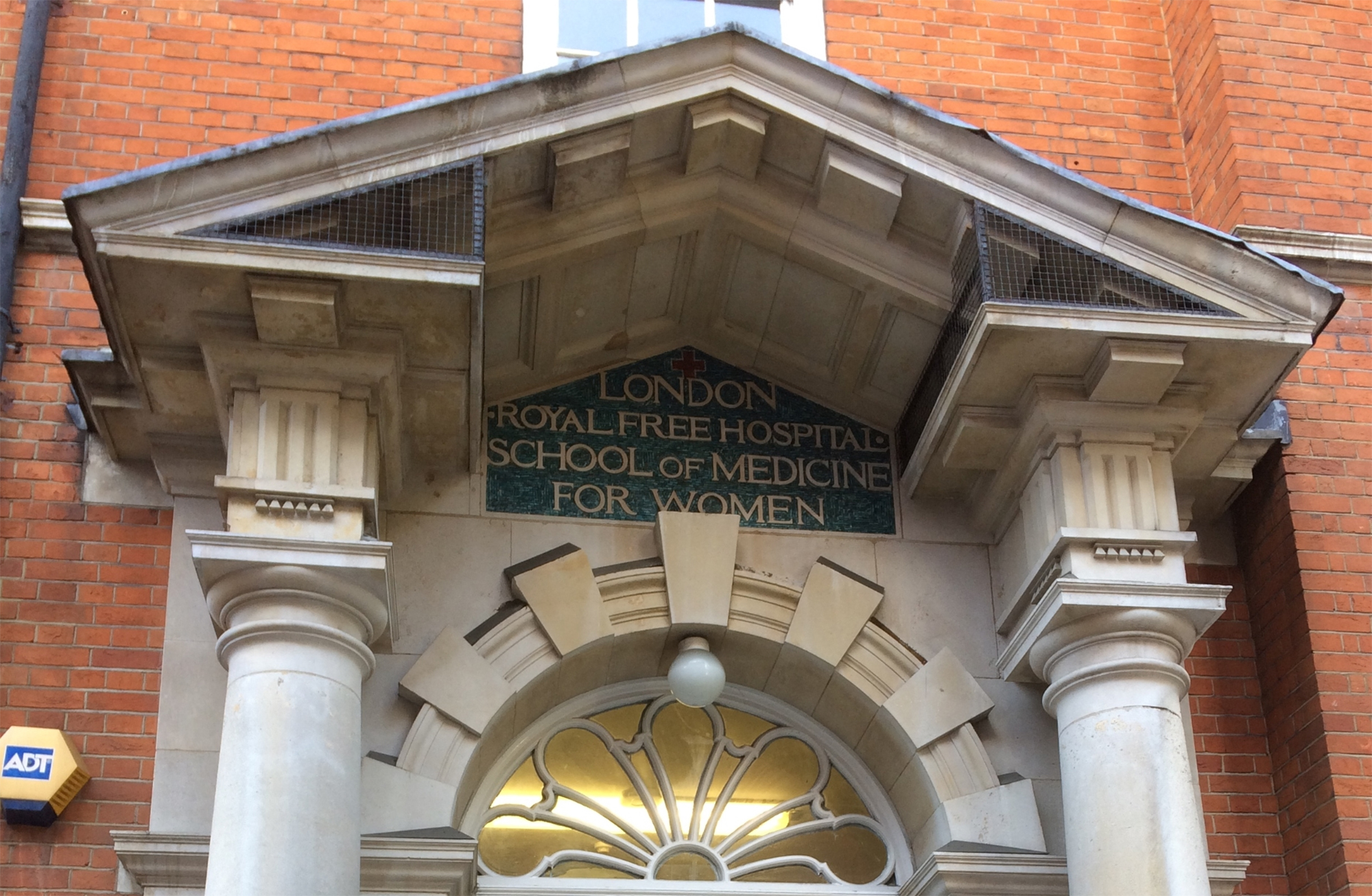 London (Royal Free Hospital) School of Medicine for Women wording above fanlight of entrance.