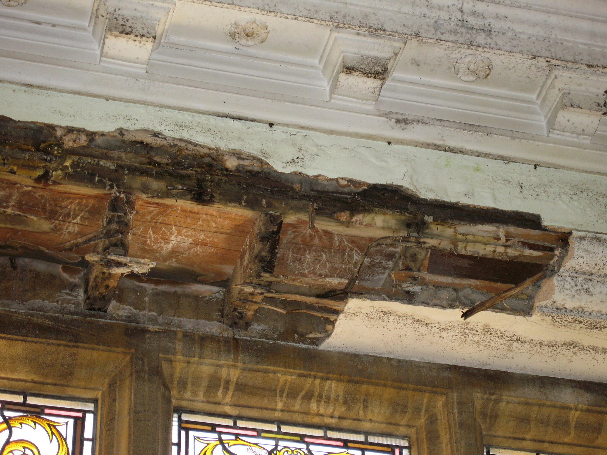 A white plaster cornice has partly collapsed, exposing the timber. Part of a wood-framed stained glass window can be seen in the foreground