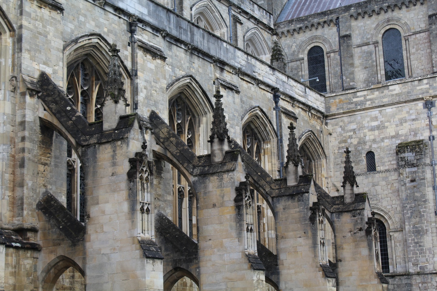 A view of the South side of Winchester Cathedral showing detail of the stonework