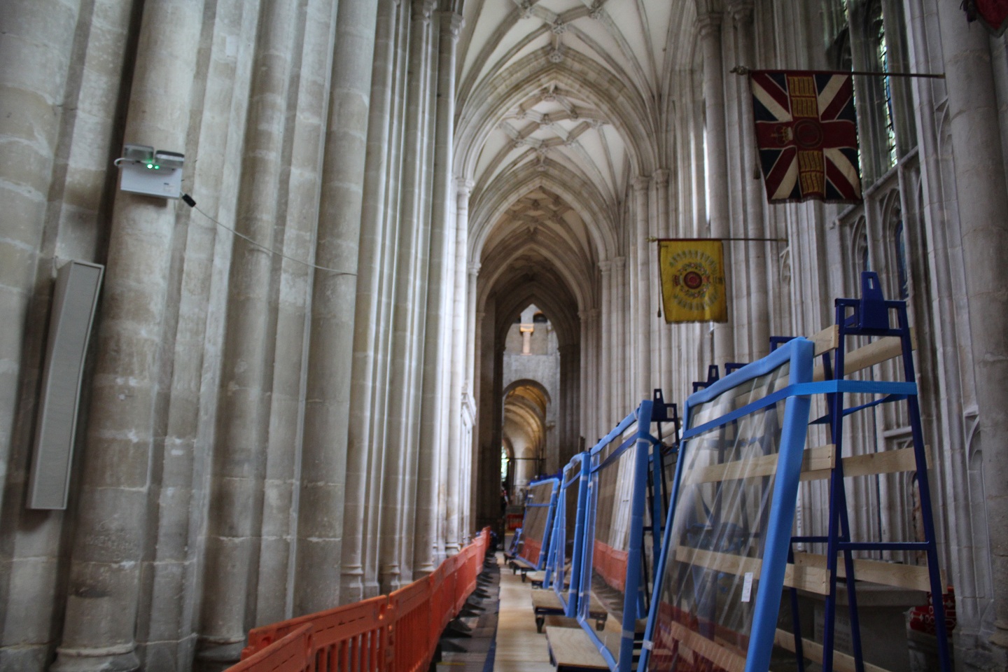 Image of the South Aisle of the cathedral showing the materials which will form the new lift.