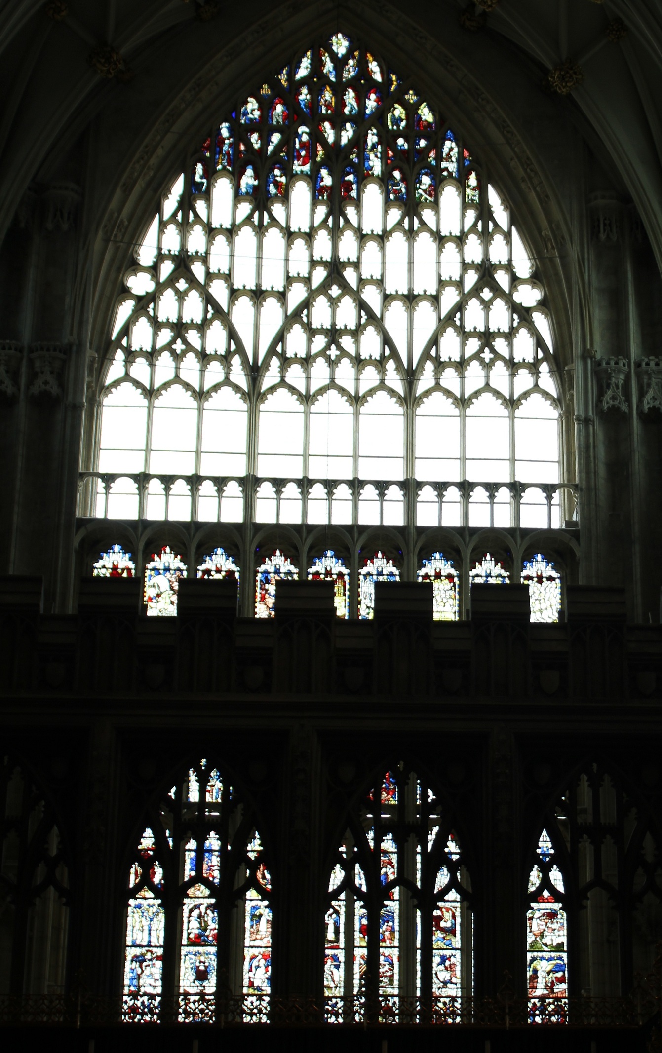Image of the Great East Window at York Minster. Some of the glass is currently plain while the Medieval stained glass is conserved.