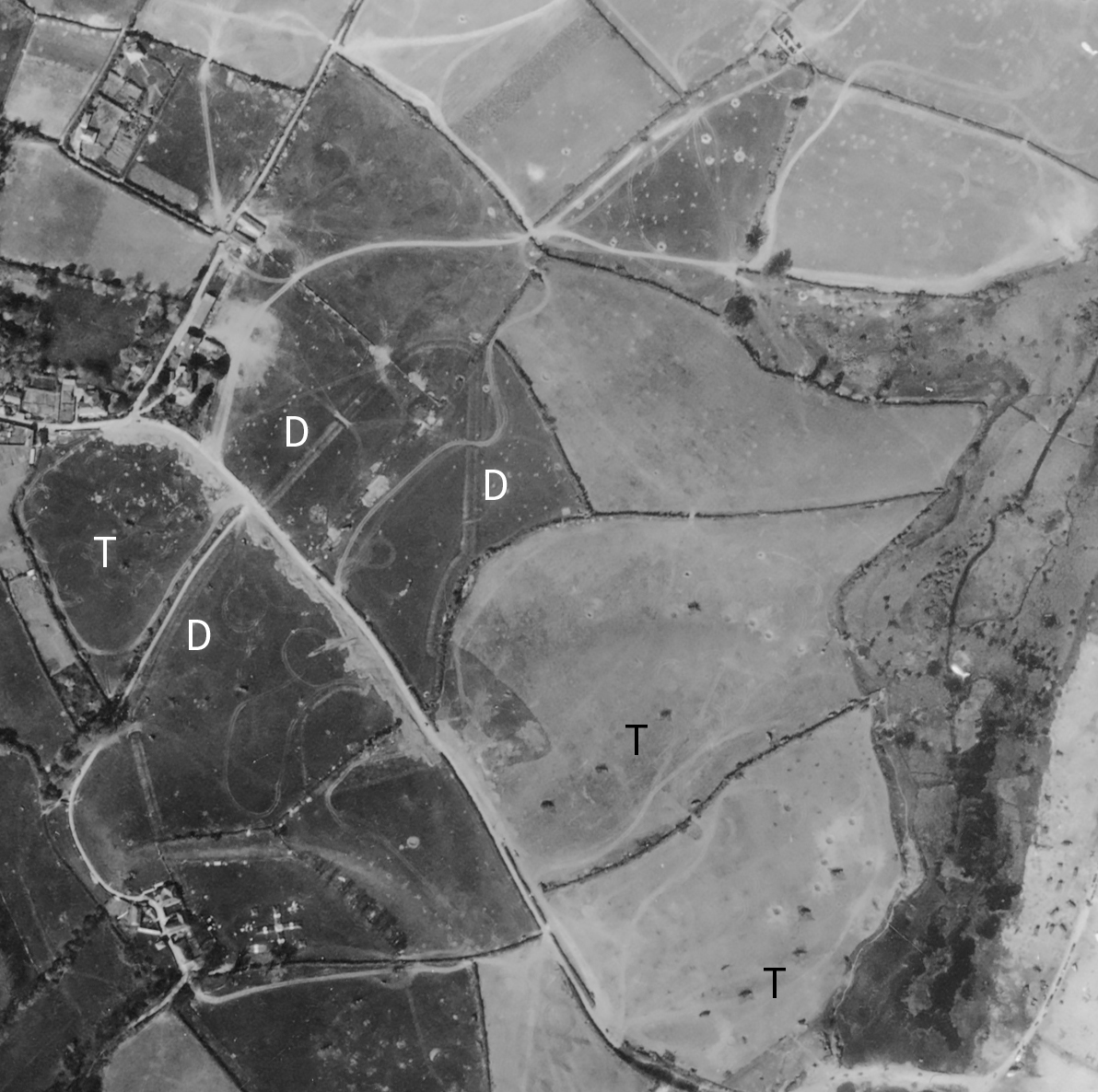 Detail from a black and white vertical photograph, showing a patchwork landscape of fields, hedges, roads and tracks. In the bottom-right corner is a stretch of beach upon which are dotted vehicles at different angles. Towards the top-left of the image is the edge of a settlement. The fields between the beach and the settlement are marked with vehicle tracks and shell holes. The letters 'T' and 'D' applied to the image mark locations.