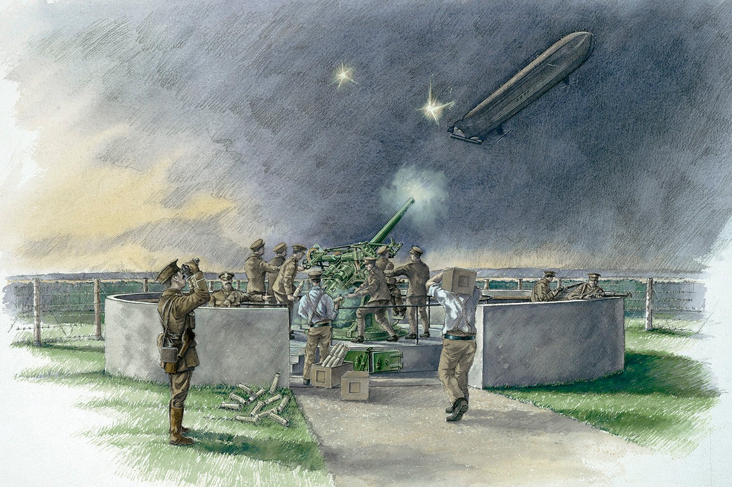 Lodge Hill, Chatham, Kent, reconstruction drawing by Peter Dunn of the First World War anti-aircraft site with gunner firing at a German Zeppelin airship