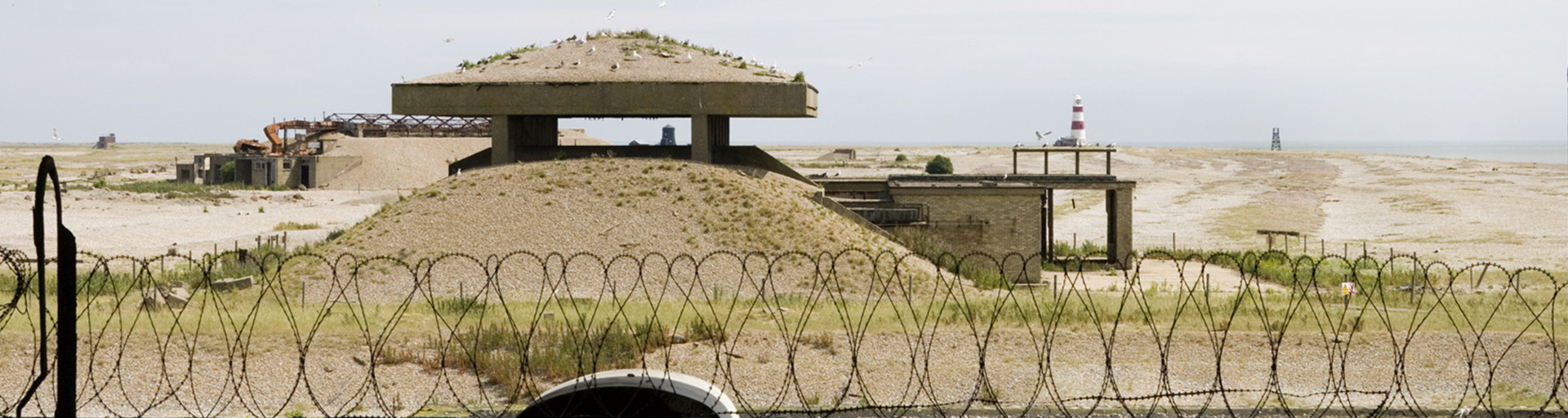 Atomic Weapons Research Establishment, Orford Ness, Suffolk, view taken between the two 1960s test structures, known as the Pagodas.