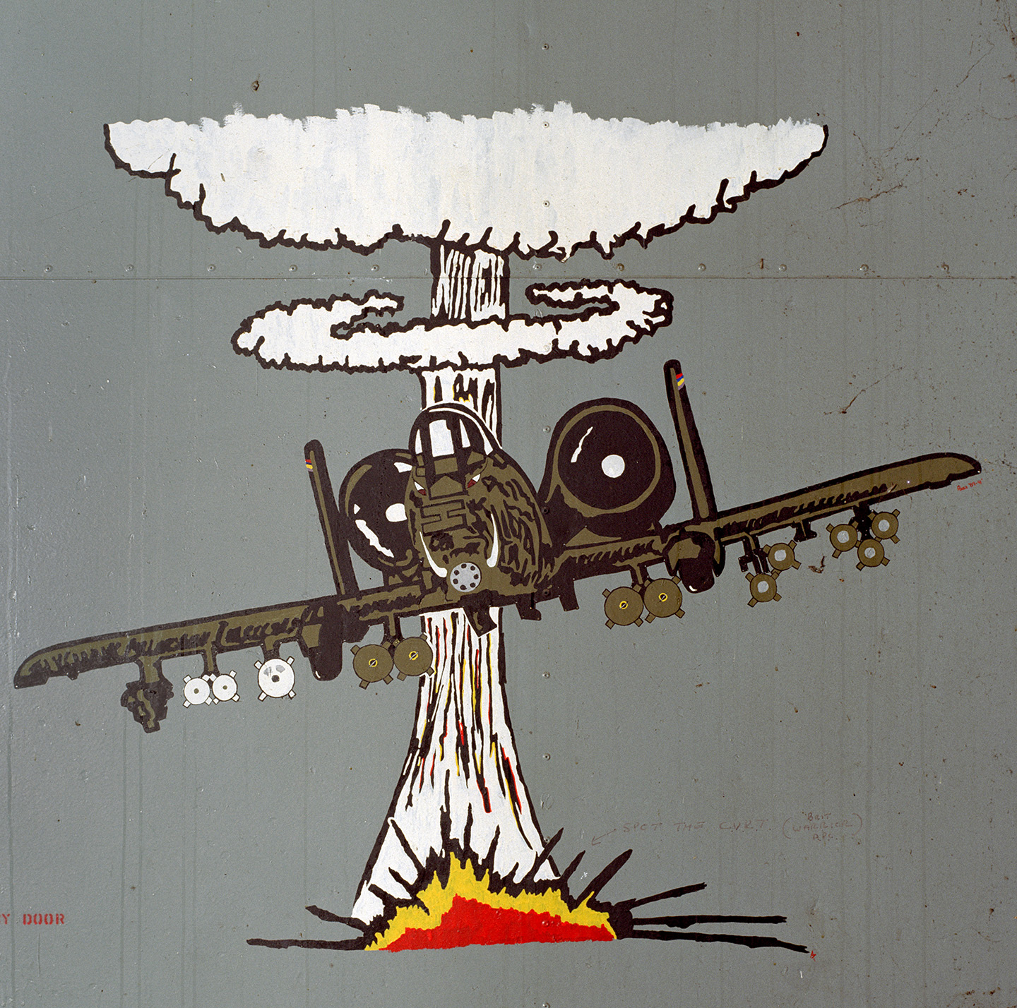 RAF Bentwaters, Suffolk, a painting of an A-10 Thunderbolt, nicknamed the Warthog, aircraft flying through a mushroom cloud.