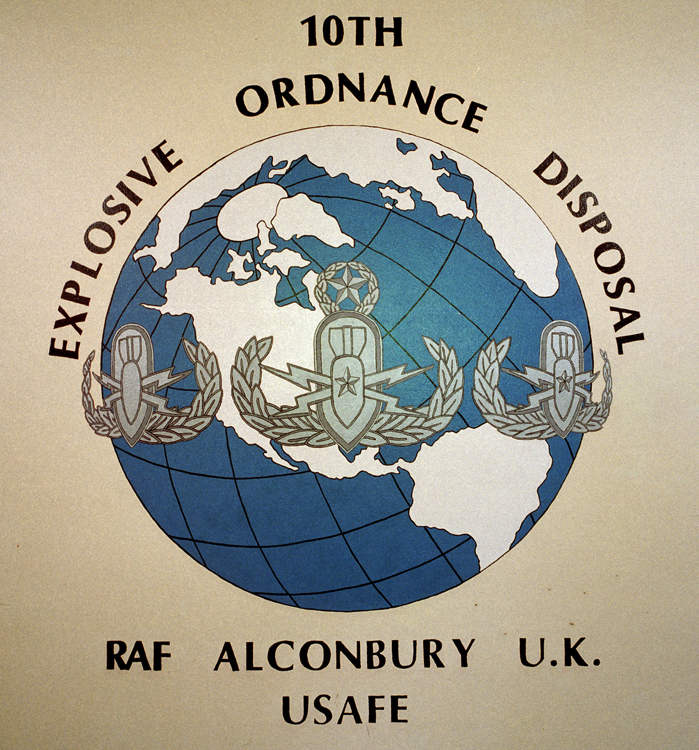 RAF Alconbury, Cambridgeshire, painting of ammunition handling personnel insignia.