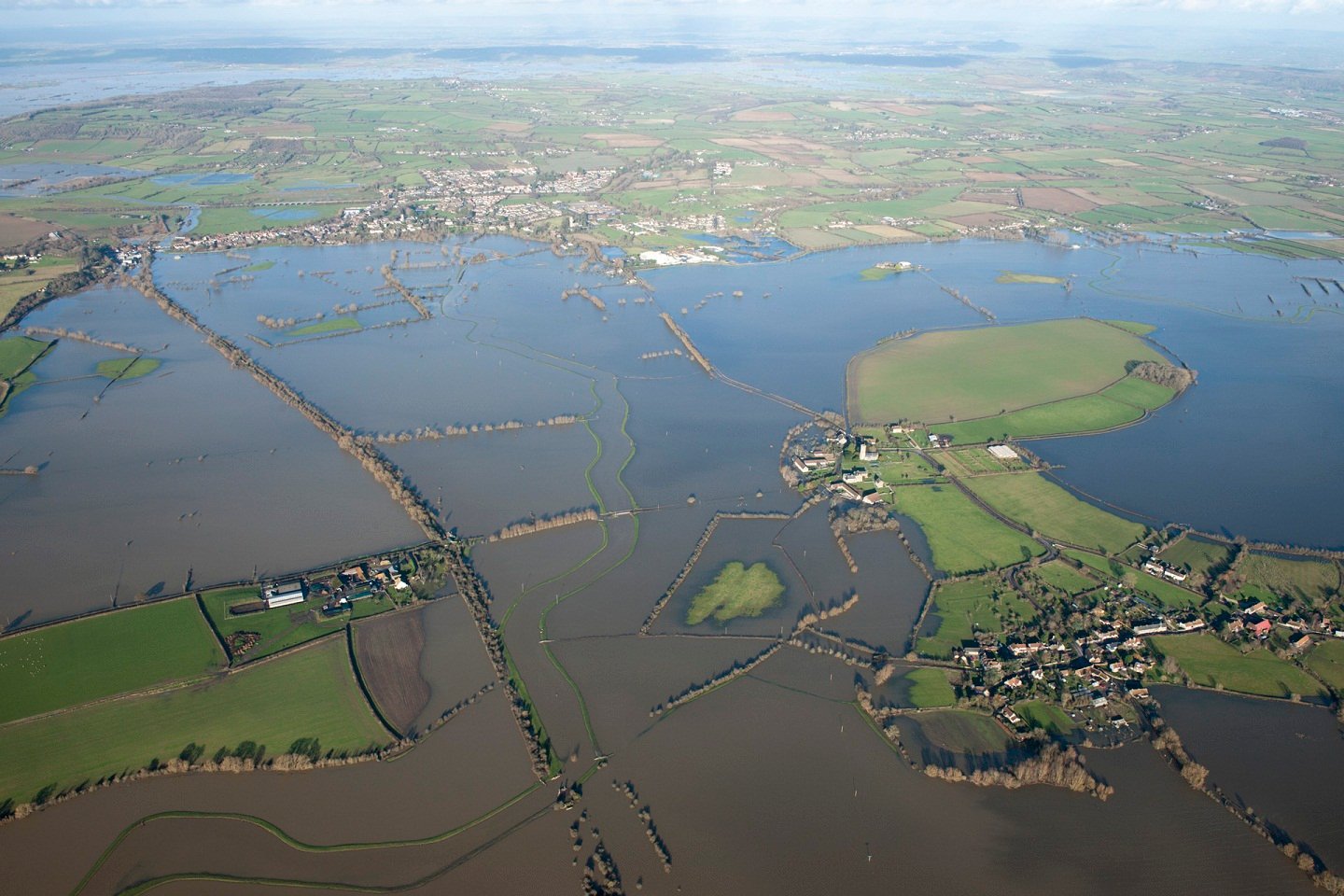 Aerial view ofl Muchelney Abbey, Somerset flooding in 2012