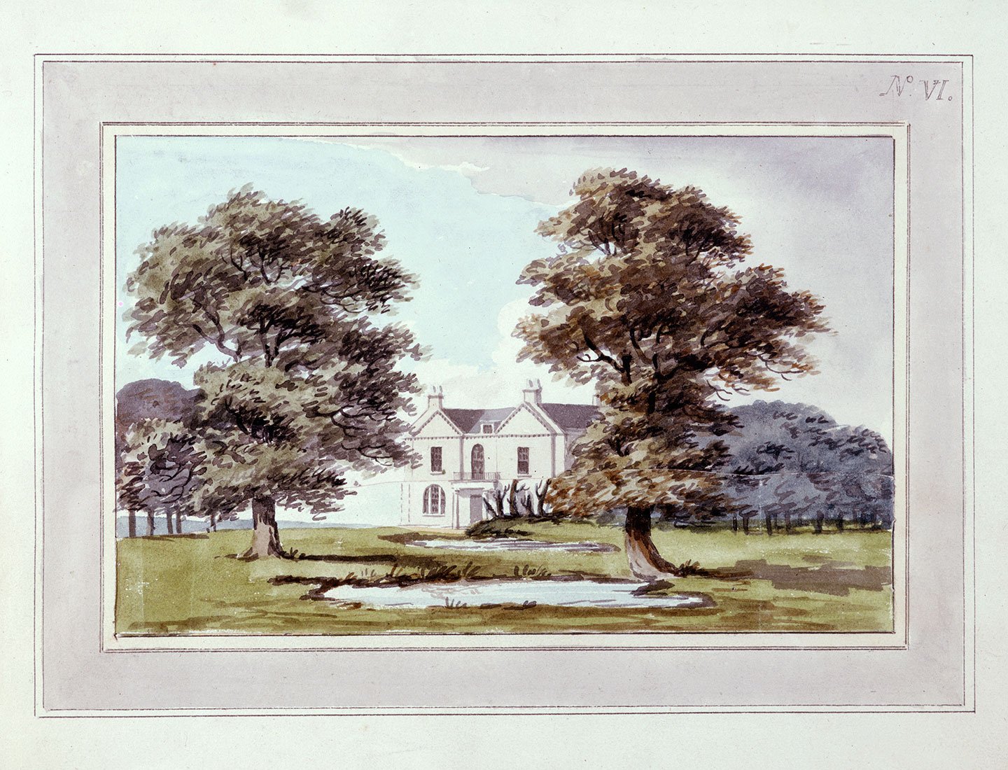 A photographic reproduction of a painting depicting the house and a pond in Moggerhanger Park
