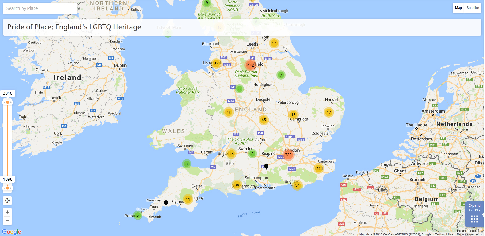 Screen grab of a History Pin map of England titled Pride of Place: England's LGBTQ Heritage.