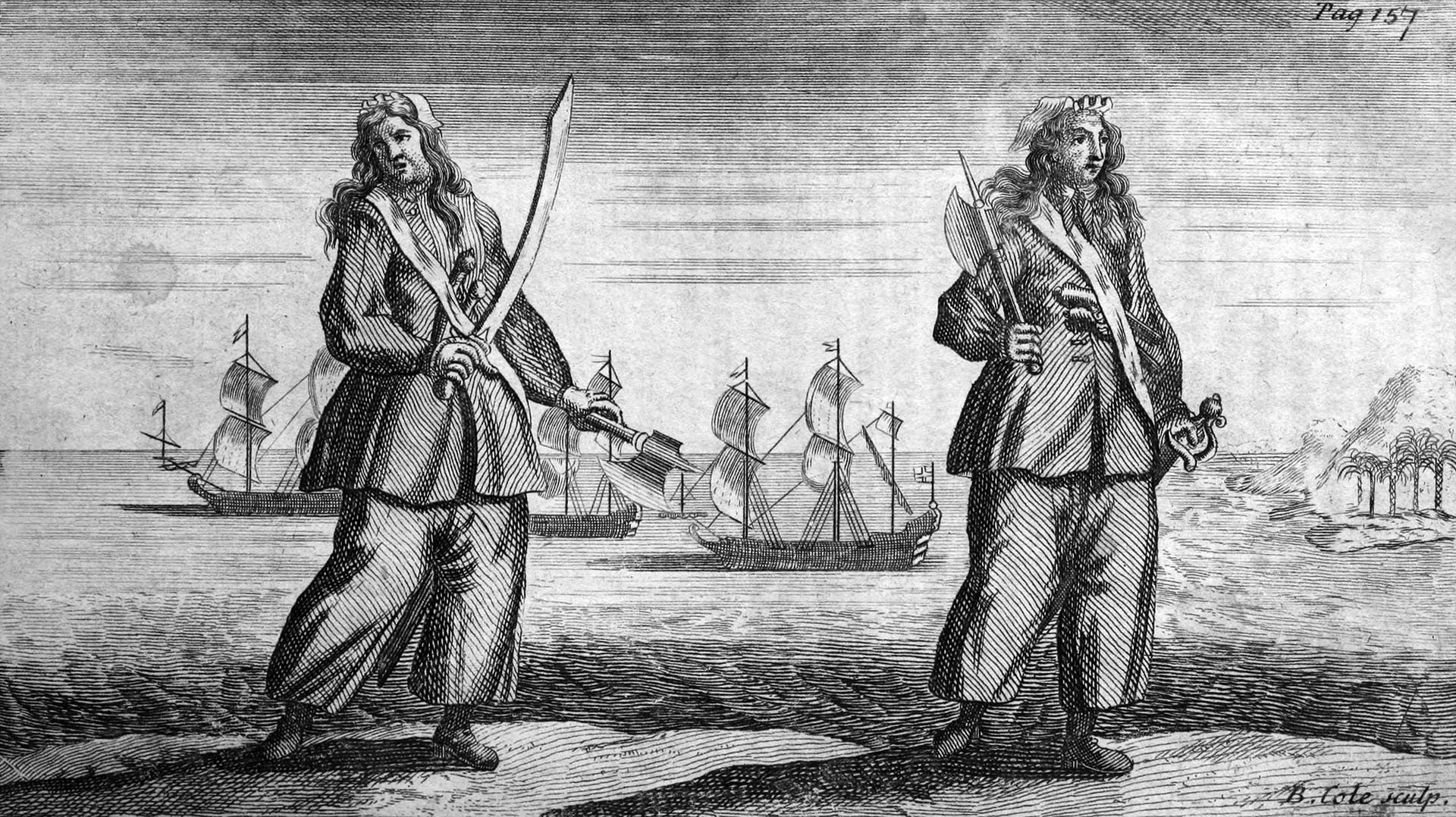 Drawing of Anne Bonny and Mary Read dressed in men's clothes, and pursued lives as pirates
