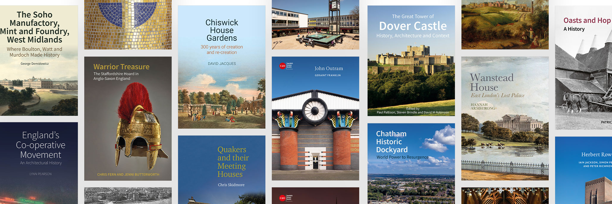 A composite image showing a range of book covers featuring different historic buildings or artefacts.