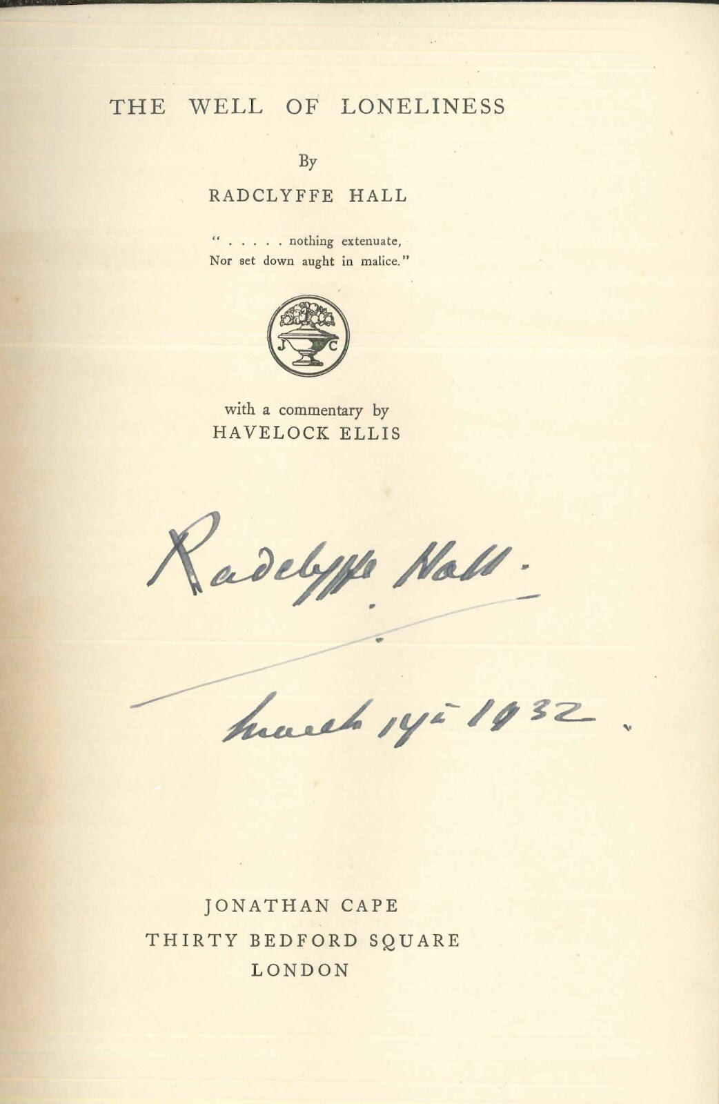 Cover page of The Well of Loneliness, signed by Radclyffe Hall