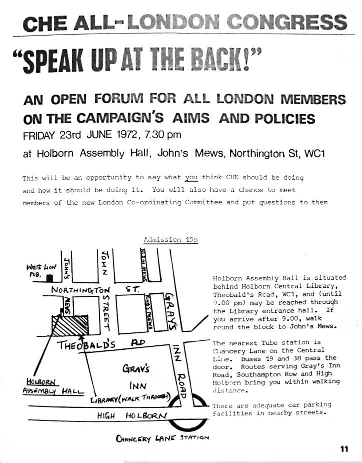 Flyer for Campaign for Homosexual Equality meeting at Holborn Assembly Hall, 23 June 1972