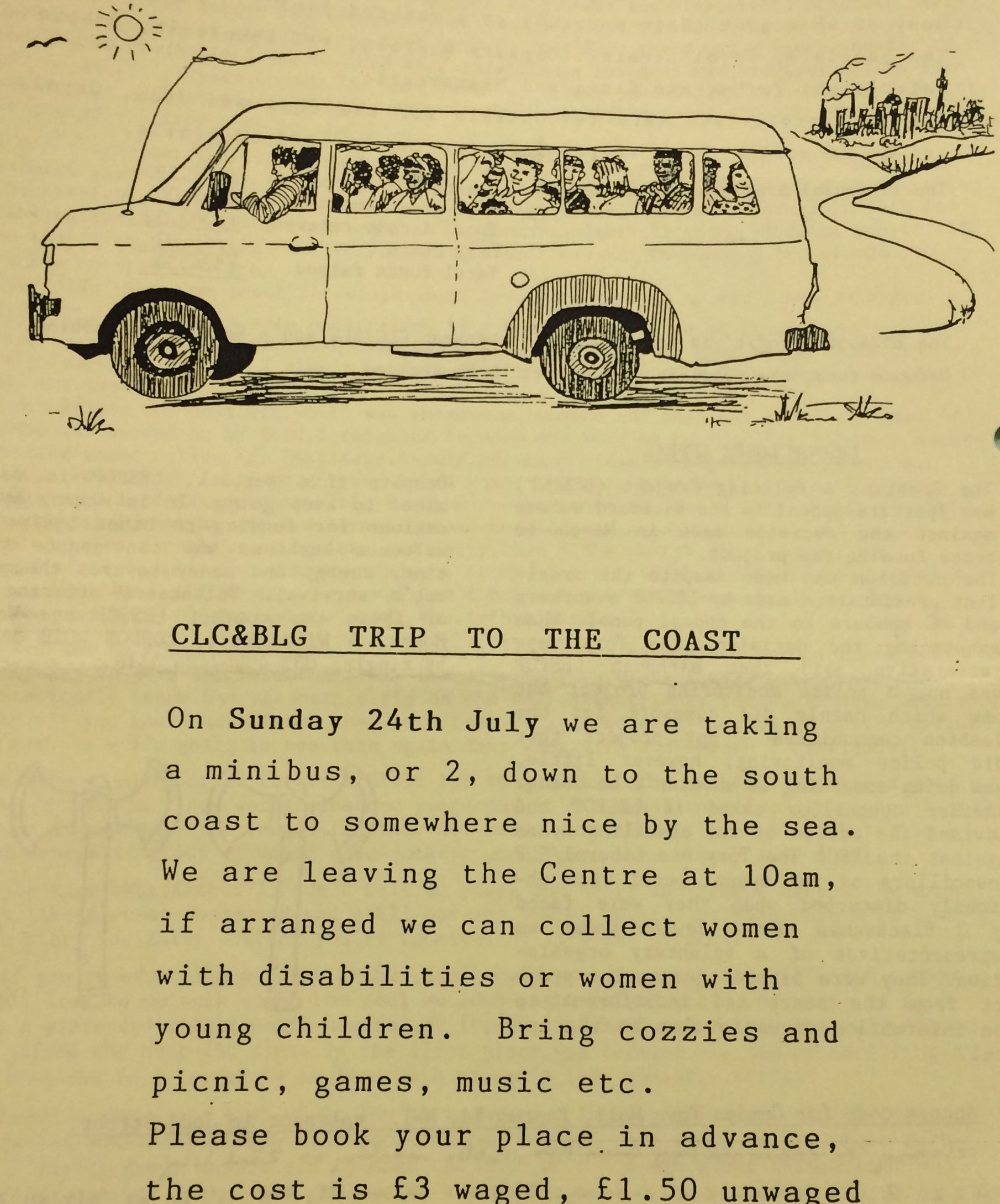 Image shows just the illustration at the top of the leaflet pictuing a mini-bus full of people leaving the city and driving in the direction of sunshine and a seagull.