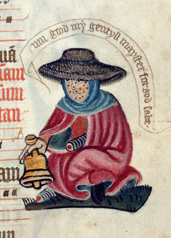 A leper begging for alms from the margins of an English Pontifical c 1425 MS Lansdowne 451, fo 127r