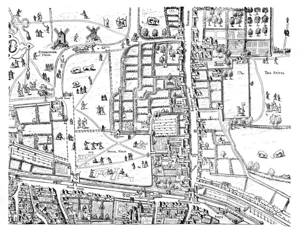 Map showing location of Bethlem in Bishopgate – drawn by Anthonis van den Wyngaerde 1558 engraved by Franciscus Hogenberg 1559