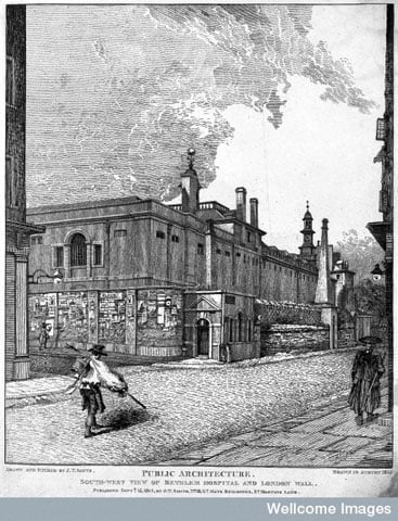 Hospital of Bethlem [Bedlam] at Moorfields, London: seen from the south, with three people in the foreground. Etching by J. T. Smith, 1814.