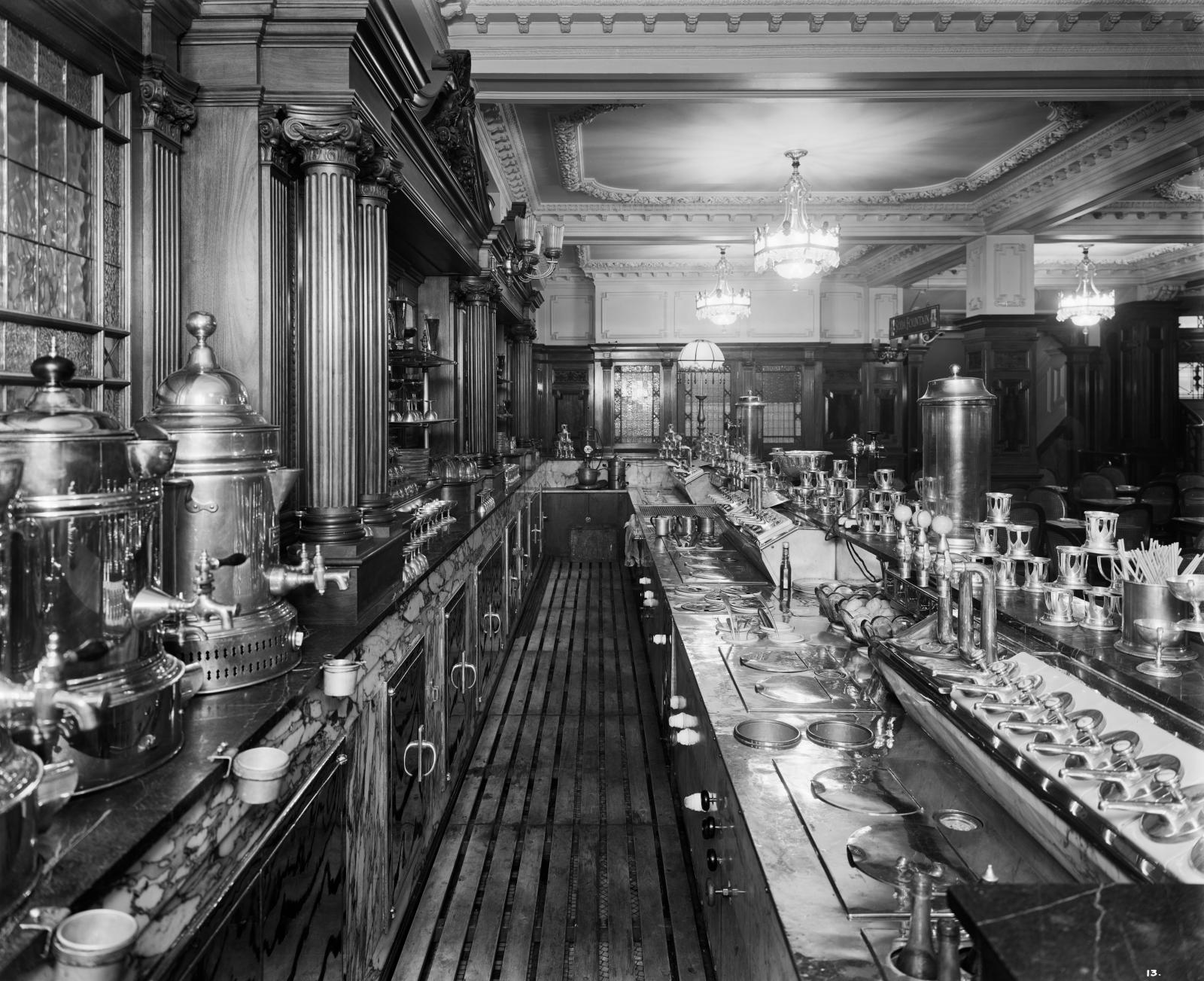 Photograph of the hot food counter in Lyons Corner House, 7-14 Coventry Street, London