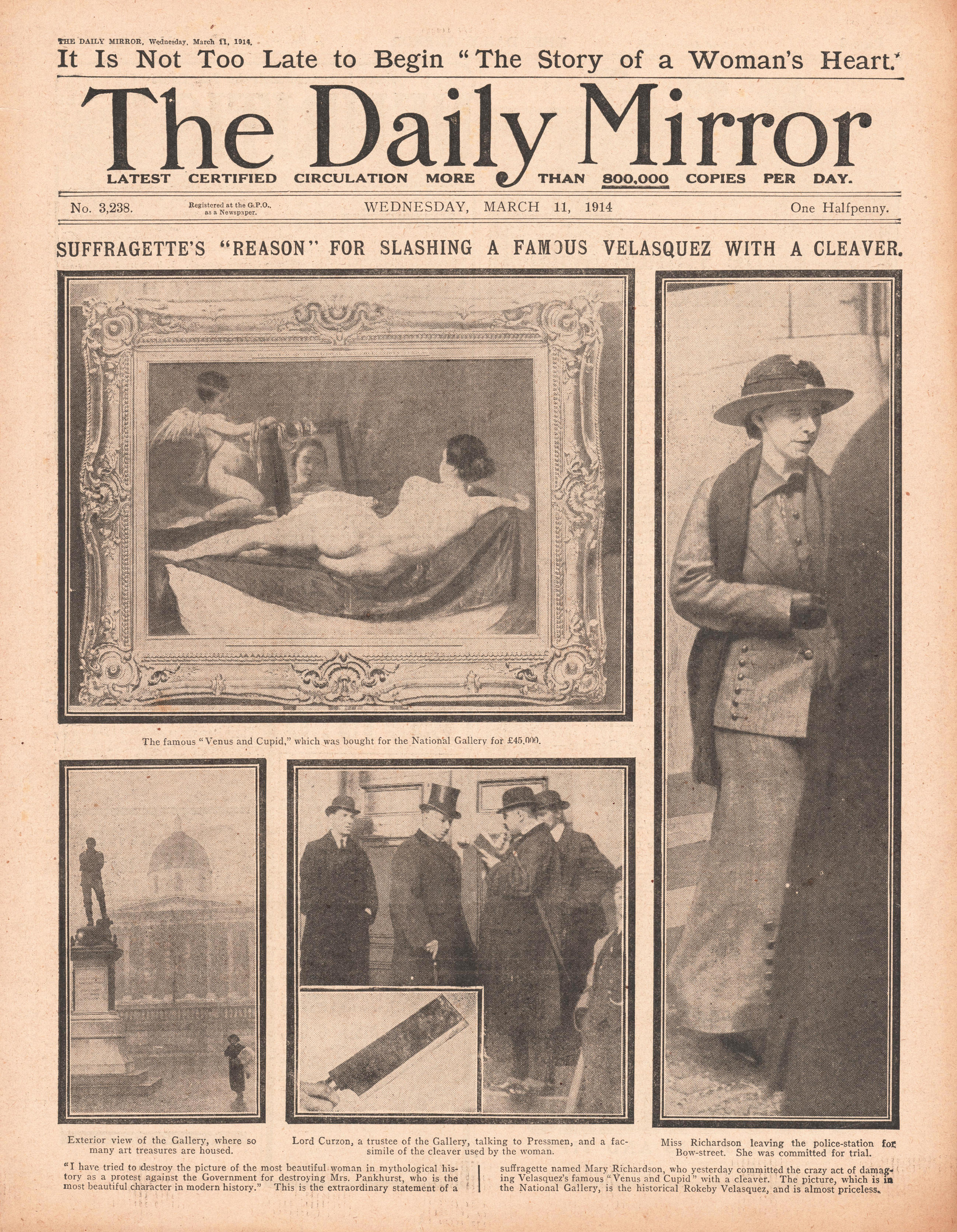 Photograph of the front page of the ‘Daily Mirror, 11 March 1914, reporting Richardson’s attack on ‘Rokeby Venus’
