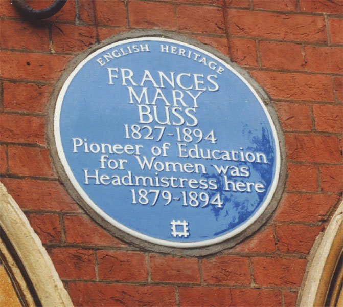 An English Heritage blue plaque commemorating Frances Buss at Sandall Road, London © & source Historic England.