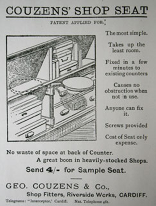 Advertising a folding seat in ‘The Shop Assistant’ 1899 to comply with new legislation.