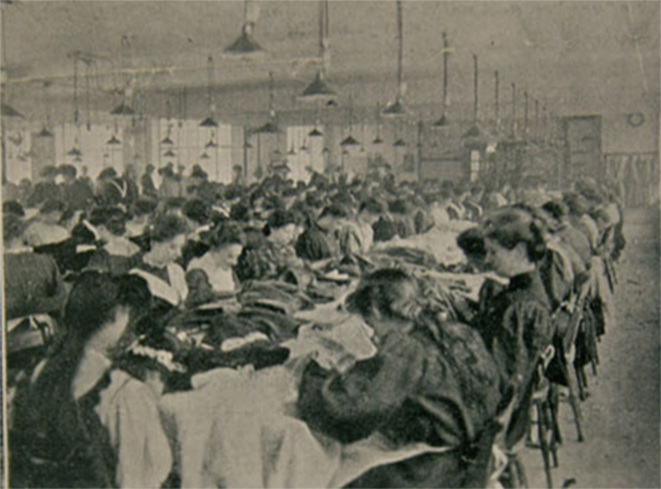 Women making opera-cloaks, mantles and motor-coats at Peter Robinson’s modern 1908 workshops in Little Portland Street, London.