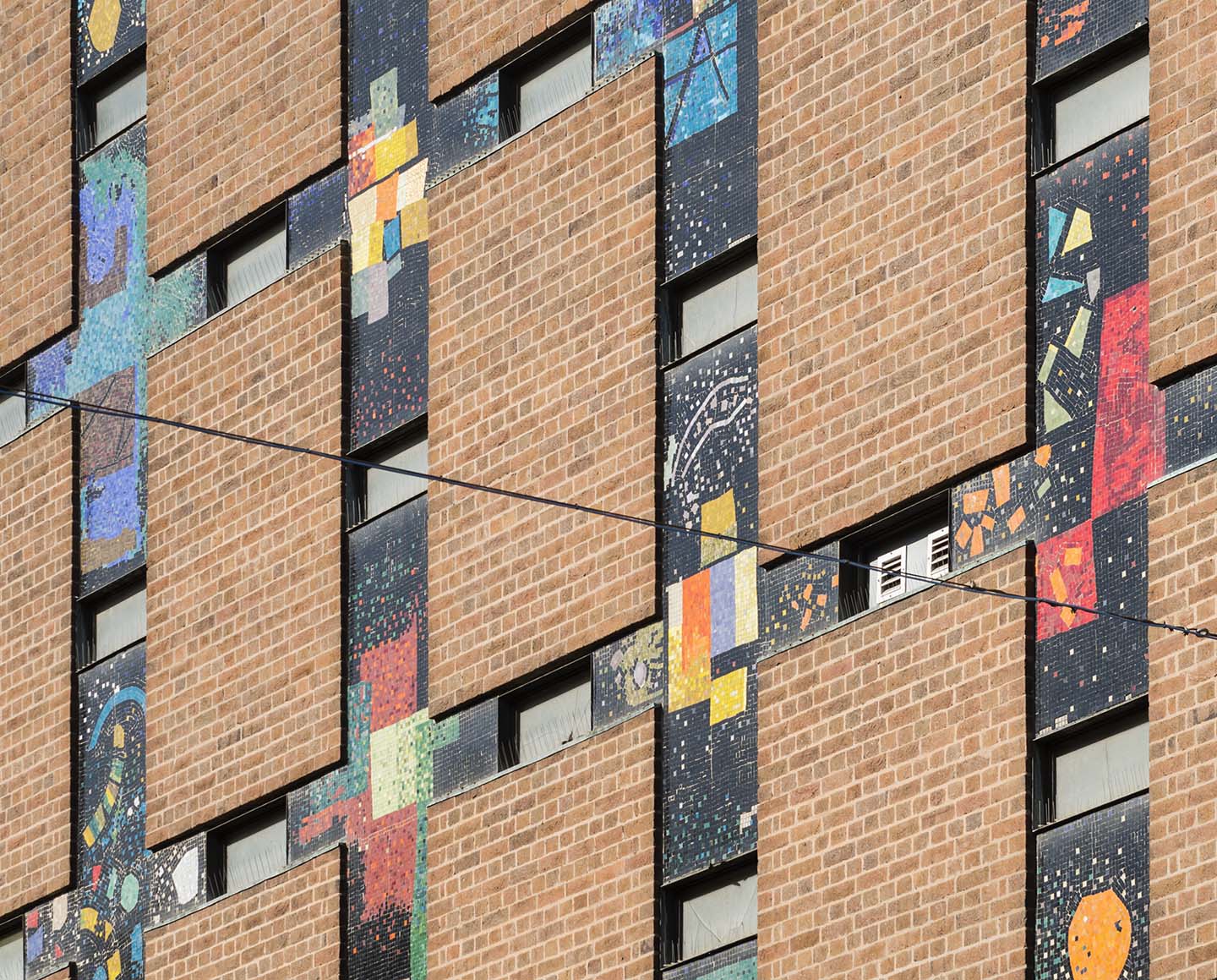 Locarno dancehall (now City Library), Lower Precinct/Smithford Way. Detail of the façade showing the glass mosaic decoration