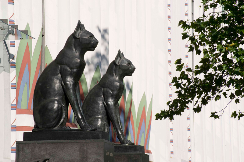 The cat statues outside the former Carreras factory (now Greater London House)