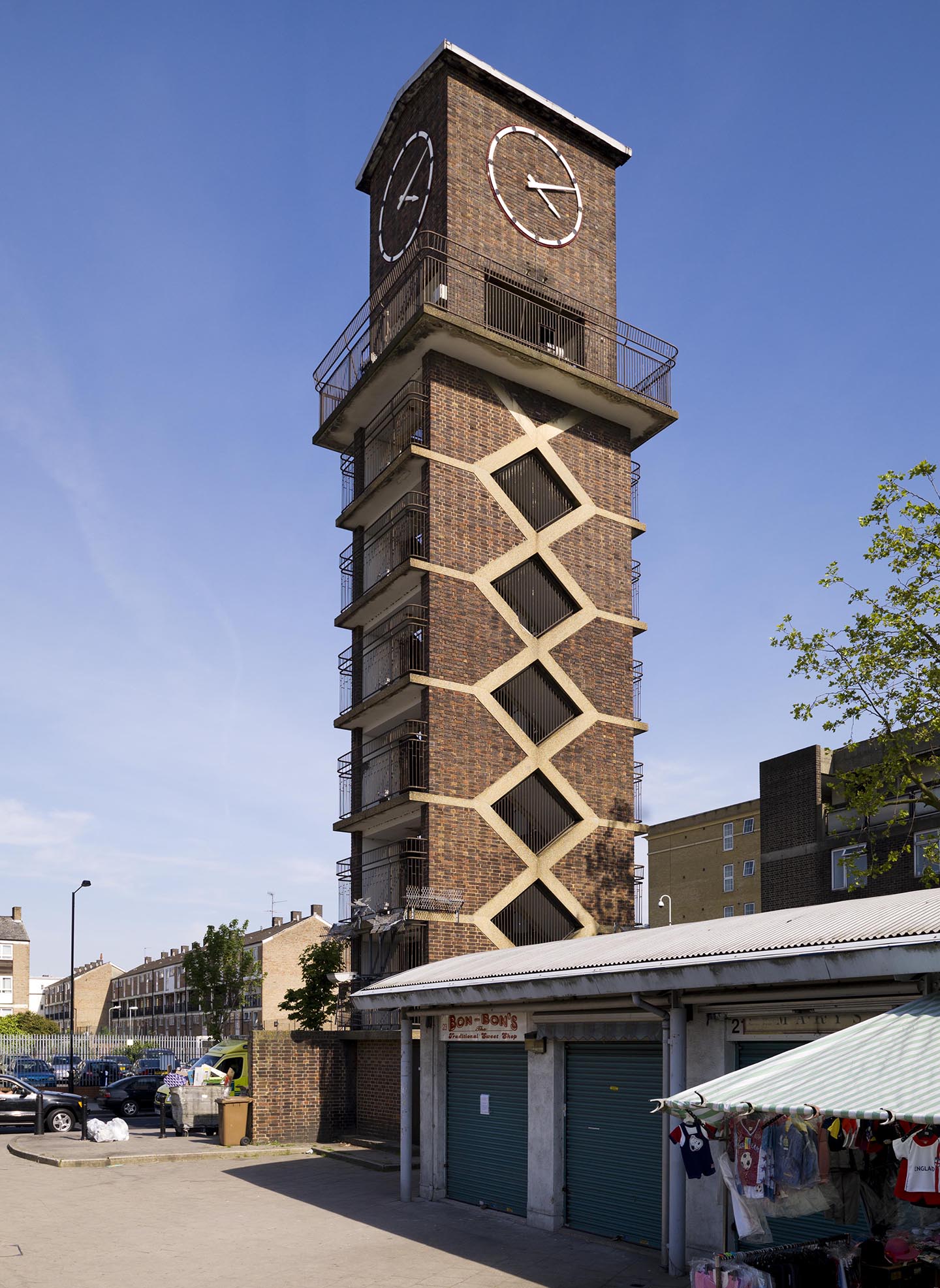 Clock tower at the south-eastern corner of Chrisp Street Market, Lansbury