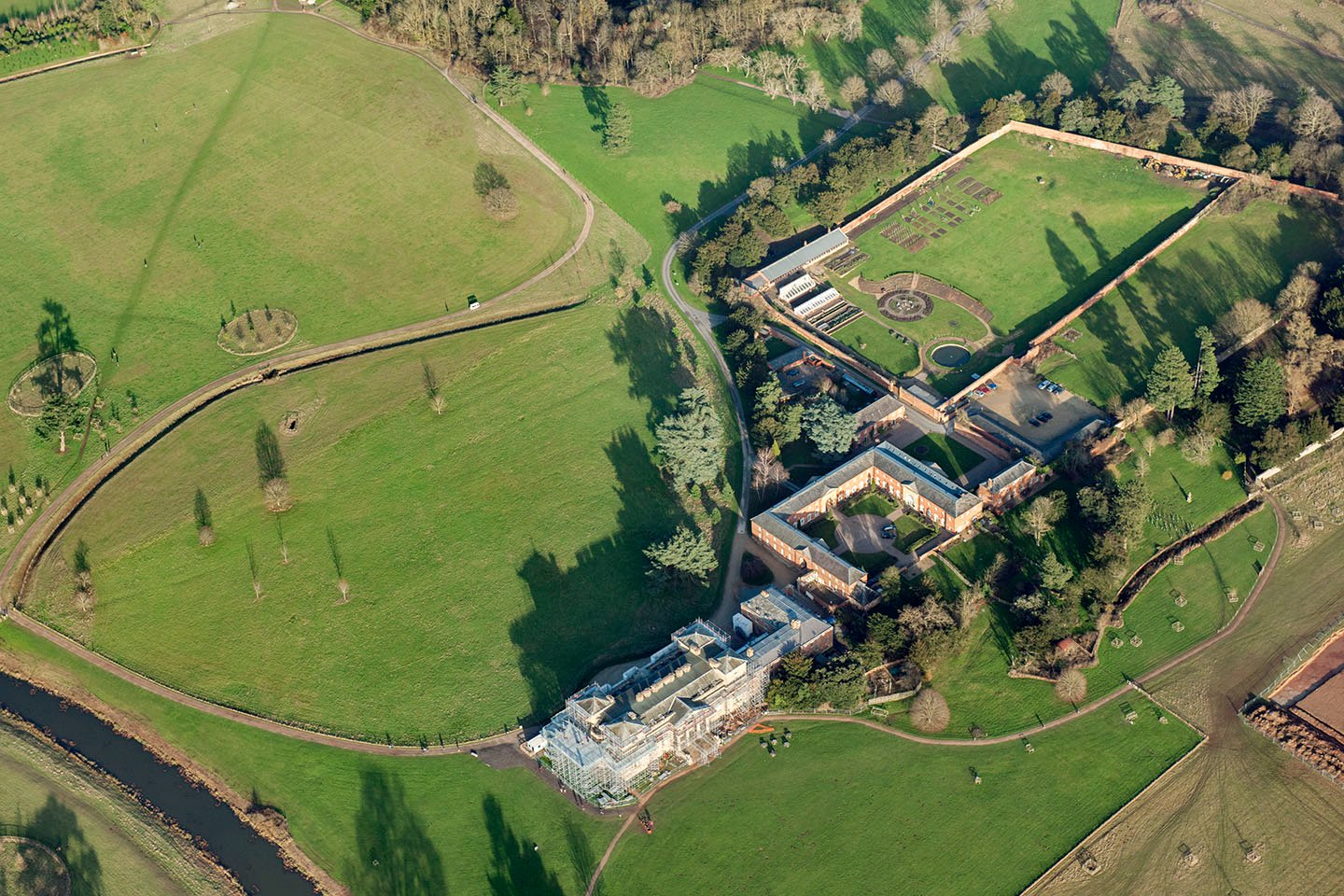 Aerial view of Croome Court, Worcestershire, with recently redug ha-ha