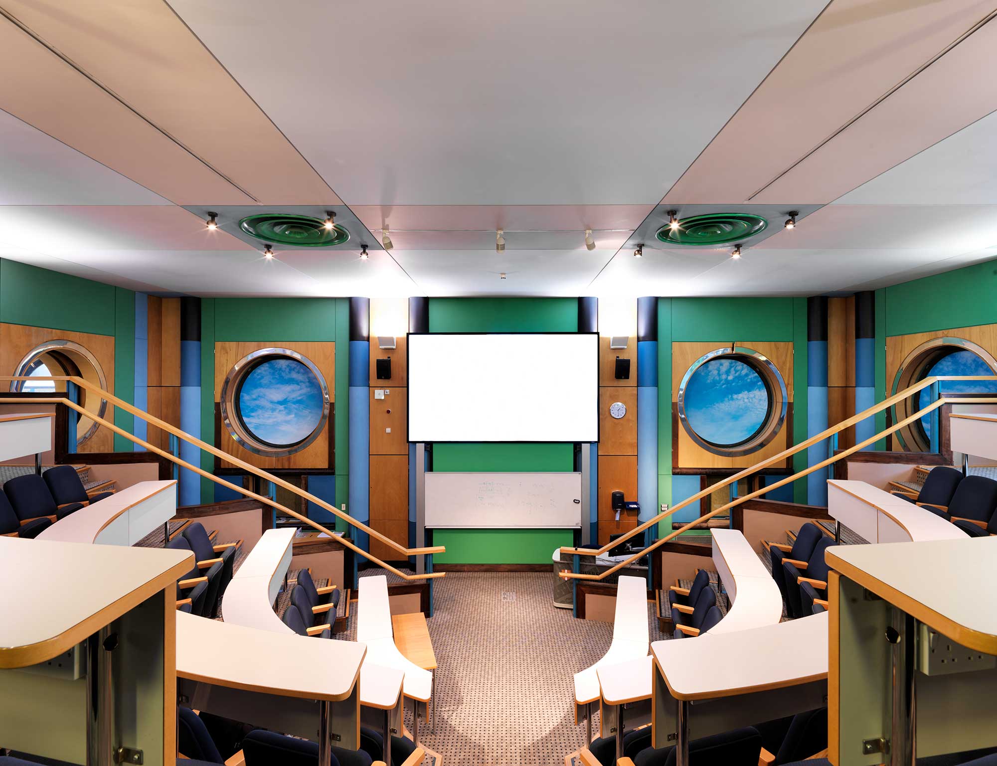 Modern lecture theatre with porthole style windows