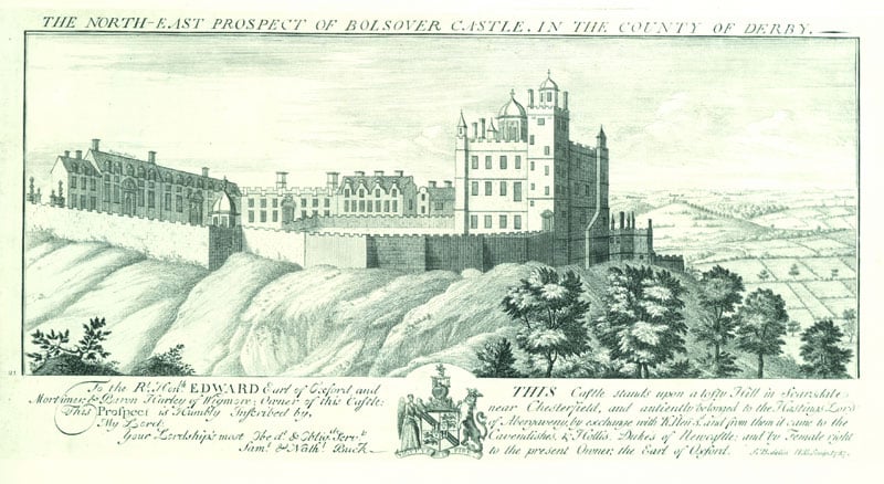 Engraving of the north-east prospect of Bolsover Castle, Derbyshire, 1727