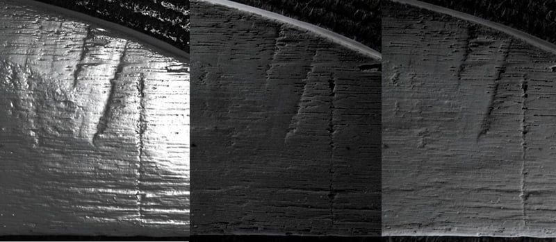 Laser scanning and polynomial texture mapping were used to examine how fine surface details change during conservation. An area depicting tool marks viewed under different lighting conditions (left: specular enhancement, centre and right: differently angled light).