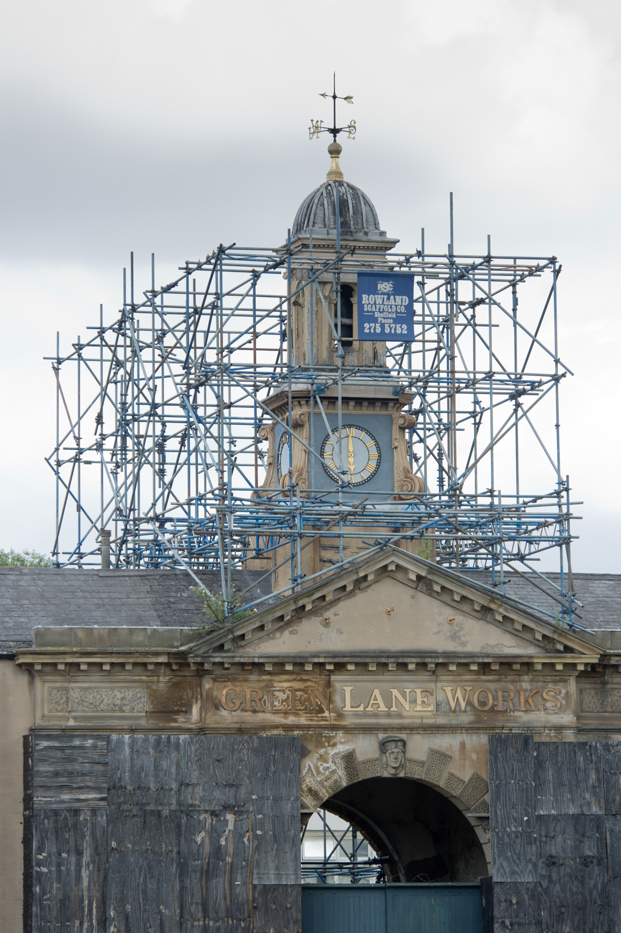 Clock tower under conservation, Green Lane Works, Sheffield.