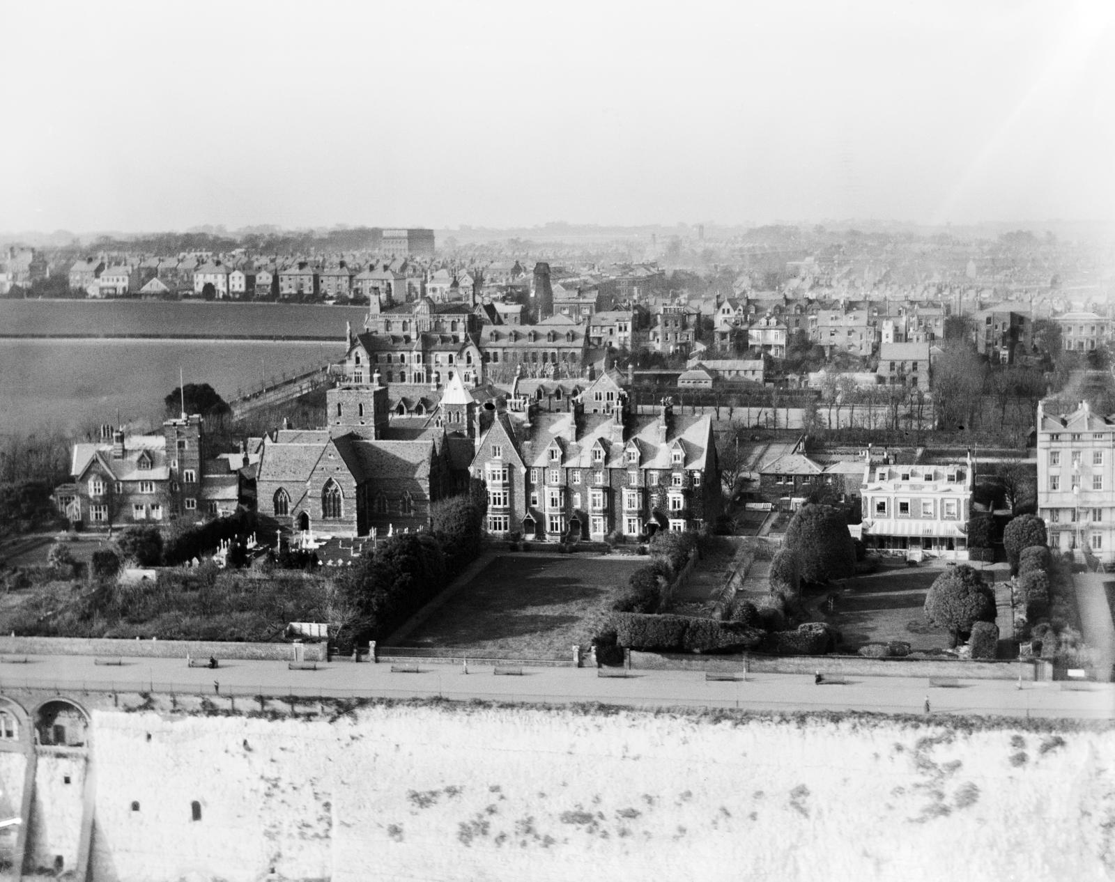An aerial view of Ramsgate from the south-east, taken in 1920, which shows Pugin’s house and the neighbouring church in the foreground, and the town in the background.