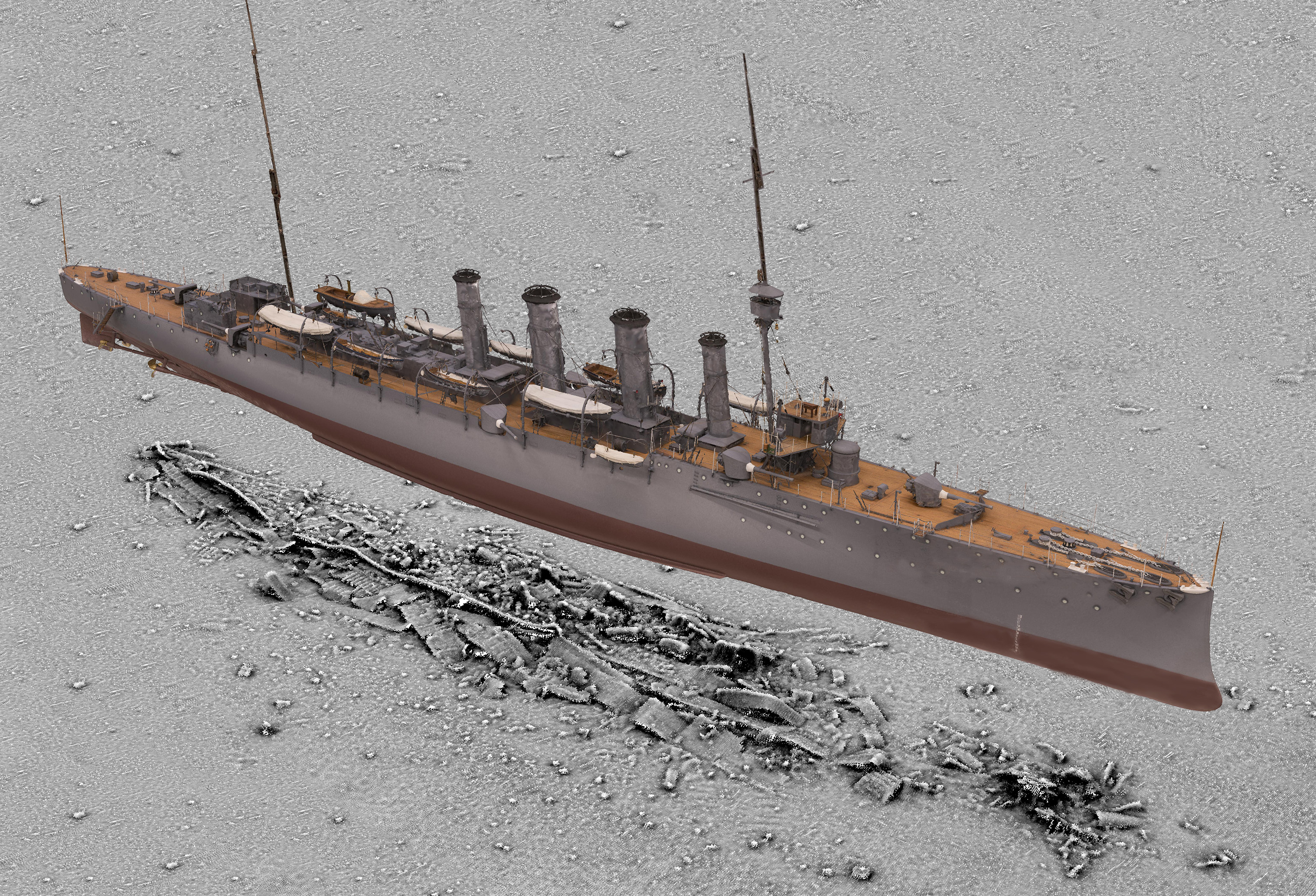 A 3D scan of HMS Falmouth by Historic England's imaging team superimposed on a seabed survey of the wreck. The survey was carried out in partnership with the Maritime and Coastguard Agency © Historic England