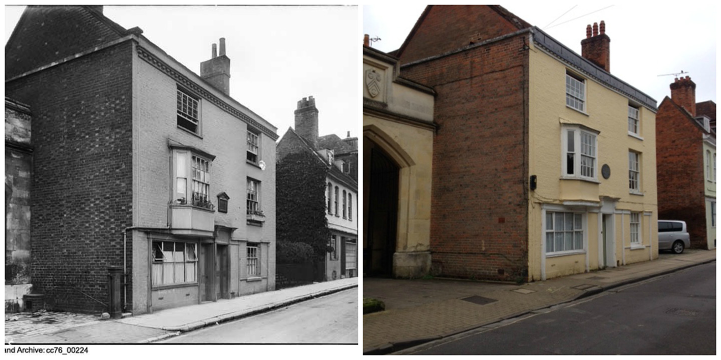 Two images of the same house - one in black and white and one in colour. Little has changed over time. The house has three storeys and is double fronted.
