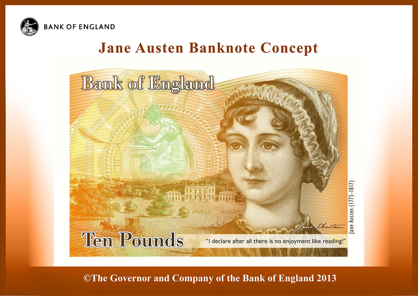 Image of the new £10 note with Jane Austen as the figure and Godmersham House in the background - home of her brother Edward