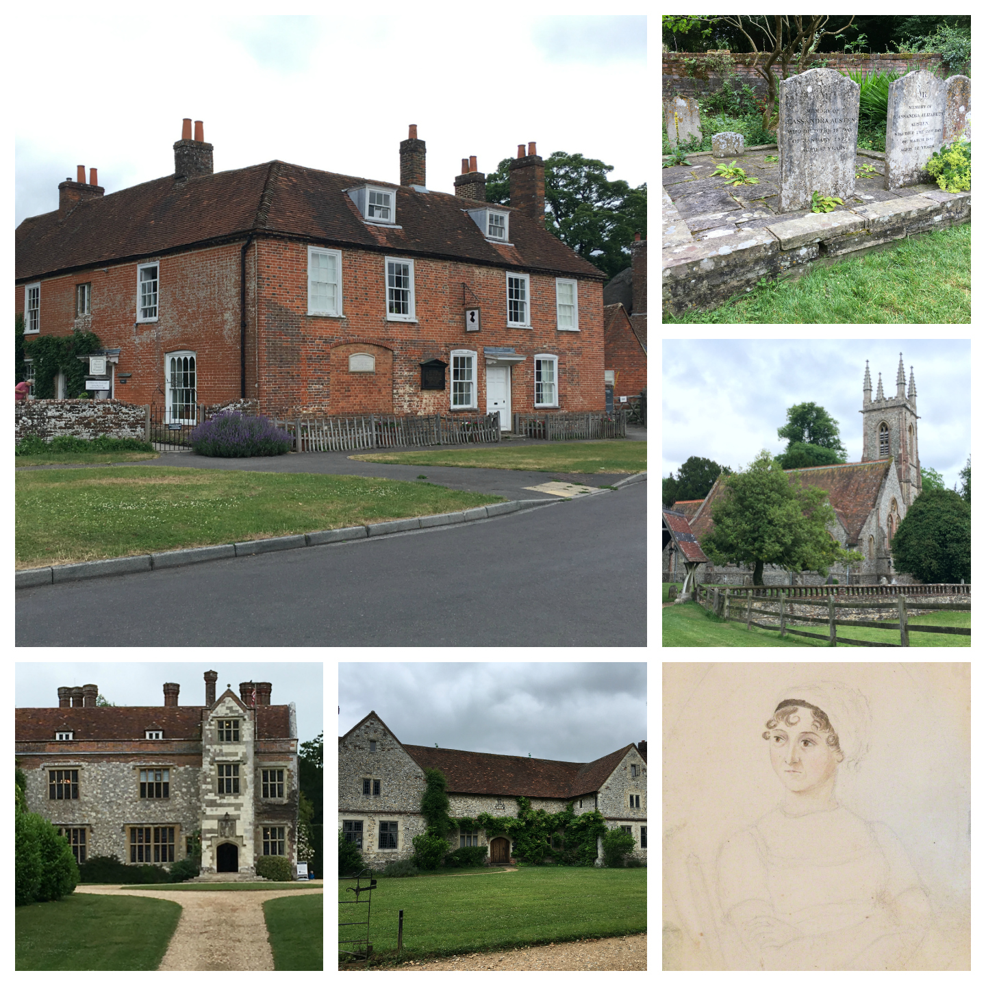 Collage of images from Chawton including the church, the Jane Austen House Museum, the graves of her sister and mother and an image of Jane Austen as drawn by her sister