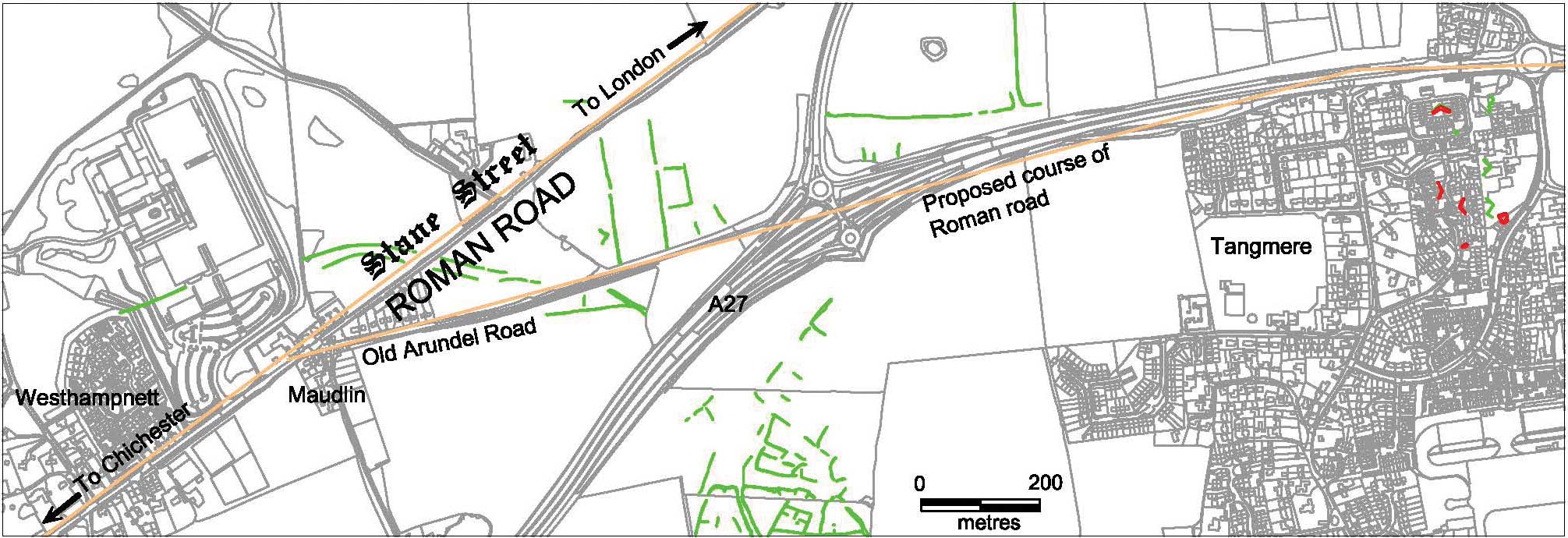 Map of Stane Street Roman Road with recent discoveries annotated