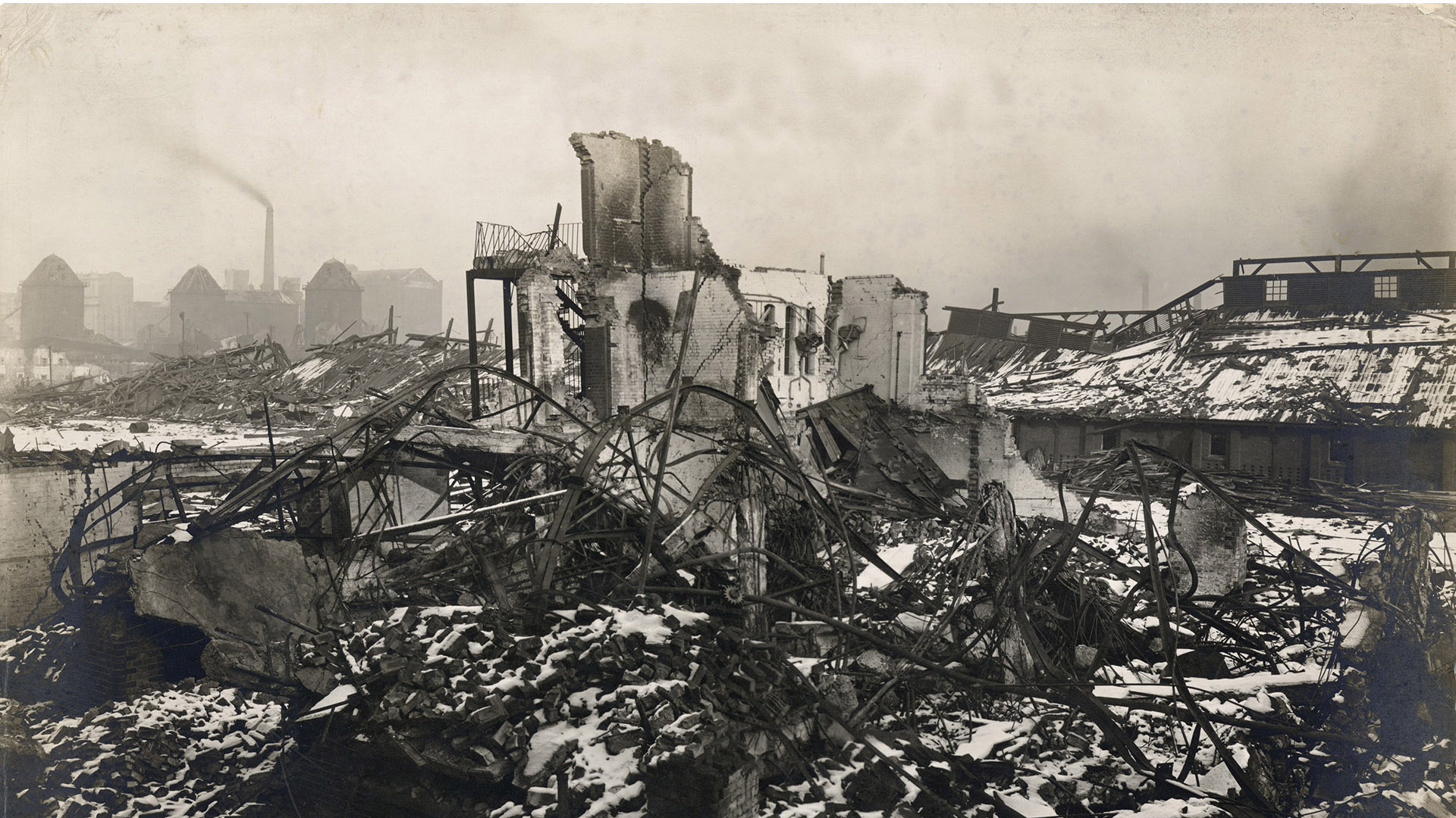 Silvertown, East London, the snow covered ruins of the devastated TNT factory.  On 19 January 1917 a huge explosion ripped apart the works killing 73 and severely damaging many nearby properties.