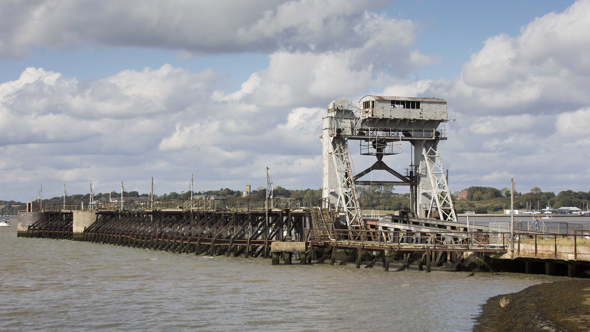 Harwich, Essex, this grey, twin-gantry, steel-framed roll-on/roll-off (Ro-Ro) bridge was erected at the Port of Richborough in 1916 to speed up the supply of war material to the western front. It was later moved to Harwich where it survives adjacent to a jetty, Listed Grade II.